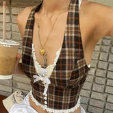 BXOXO Vintage Plaid Print Halter Vest Women Y2K Korean Sexy V Neck Cardigan Tops Summer Streetwear Patchwork Female Tank